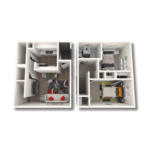 Modern 3D floor plan showcasing 2 bedrooms, open living area, and stylish kitchen, ideal for contemporary living.