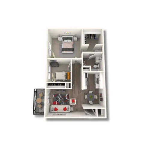 Modern 3D apartment layout with 2 cozy bedrooms, an elegant open-plan living and dining area, a sleek kitchen, and a private balcony.