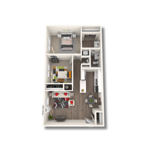 Modern 3D floor plan showcasing a cozy apartment with a bedroom, inviting living area, stylish kitchen, and compact bathroom.