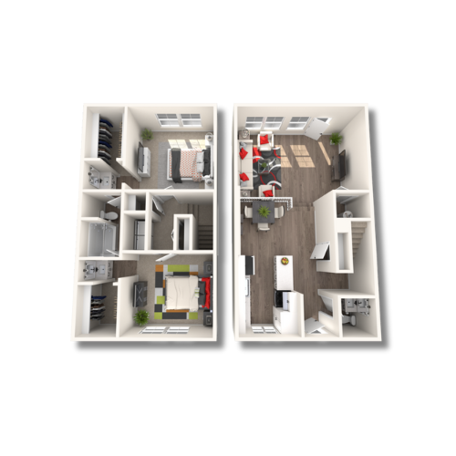 Modern 3D floor plan showcasing two levels with an inviting open-concept living space, two cozy bedrooms, a sleek kitchen, and stylish furnishings.