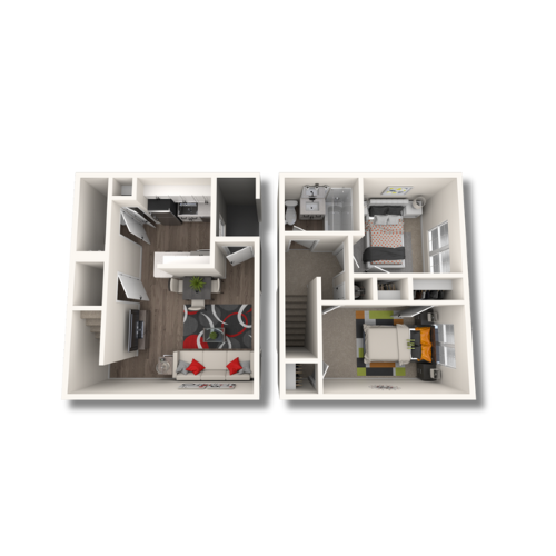 Charming 3D floor plan showcasing a cozy two-story apartment with two bedrooms, modern living area, and fully equipped kitchen.