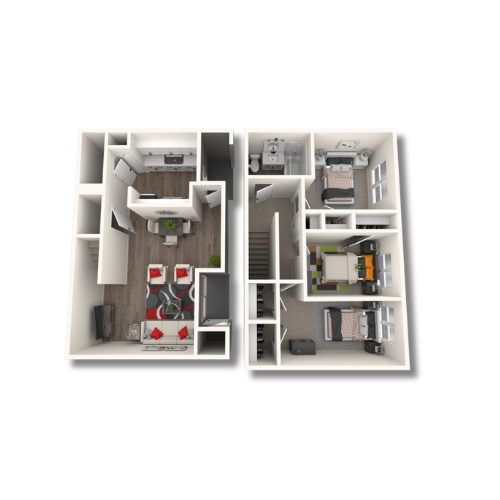 Modern 3D floor plan with open living space, stylish kitchen, and cozy bedrooms, offering innovative design and spacious layout.