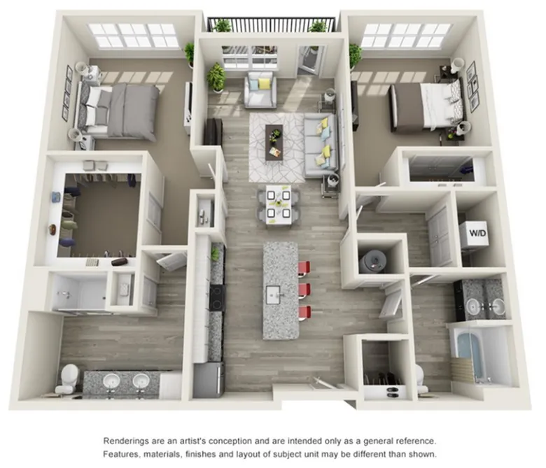 3D floor plan with 2 bedrooms, cozy living room, modern kitchen with island, and dual bathrooms.