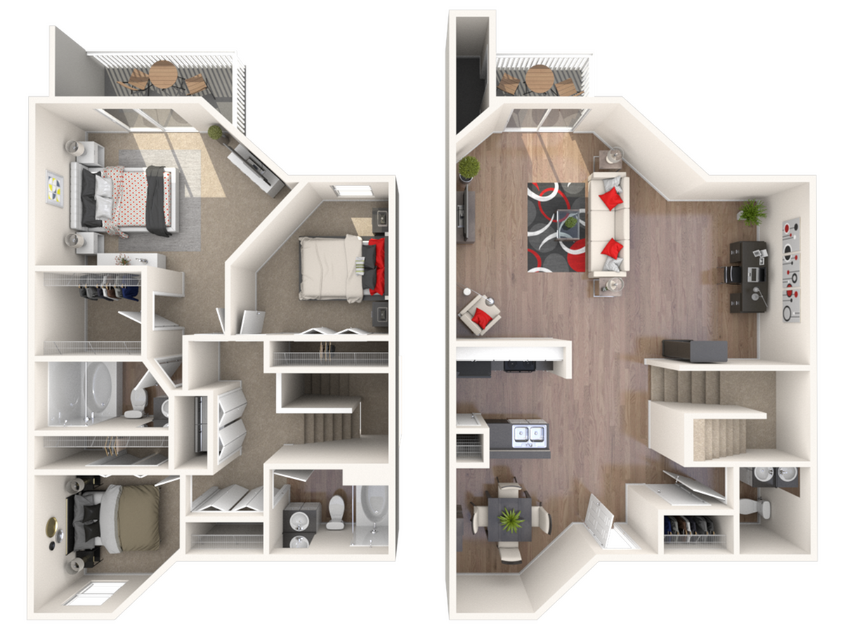 Modern duplex floor plan with two bedrooms, a spacious living room, open-concept kitchen, and stylish decor.