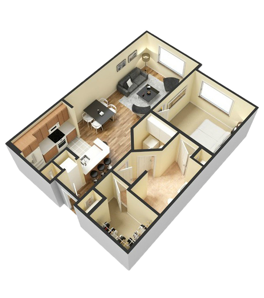 Elegant 3D floor plan showcasing 1 bedroom, modern kitchen, inviting living area, and stylish dining space.