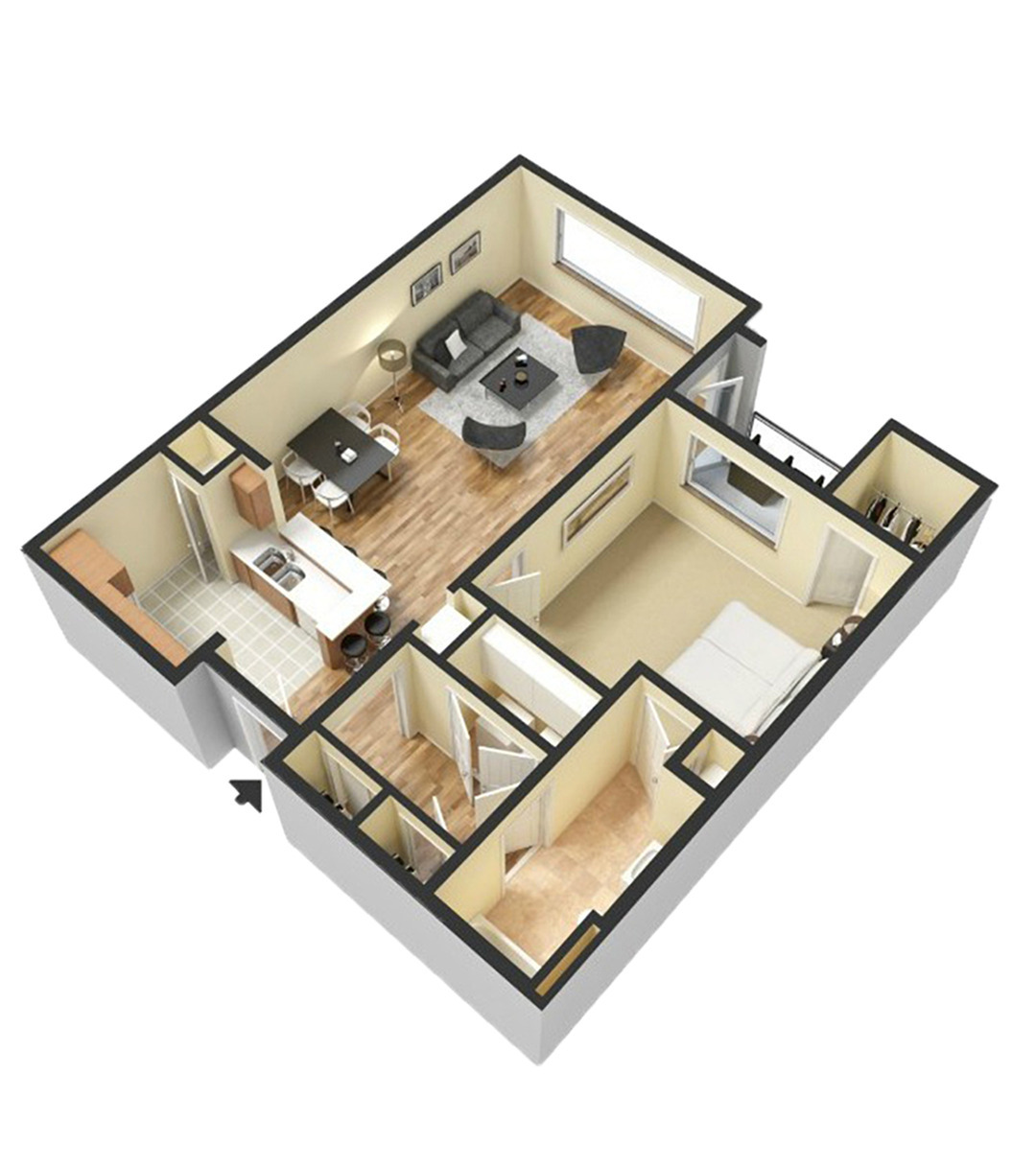 Charming 3D floor plan depicting a modern 1-bedroom apartment with an open-concept living area, cozy kitchen, and sleek bathroom.
