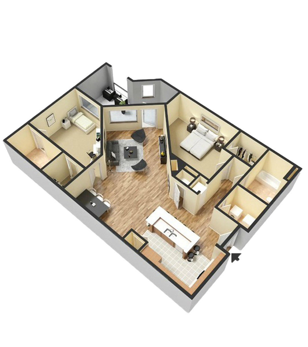 Modern 3D floor plan showcasing two bedrooms, an elegant open living and dining area, a sleek kitchen with an island, and two bathrooms, ideal for contemporary living.