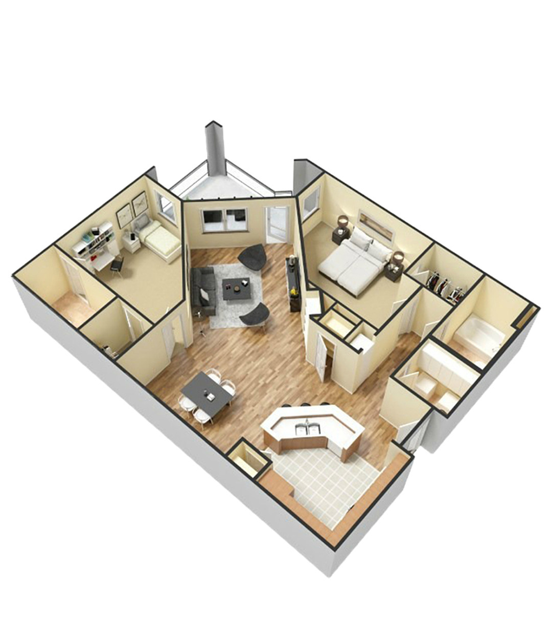Modern 3D floor plan showcasing 2 cozy bedrooms, an inviting open living area, and a chic corner kitchen.
