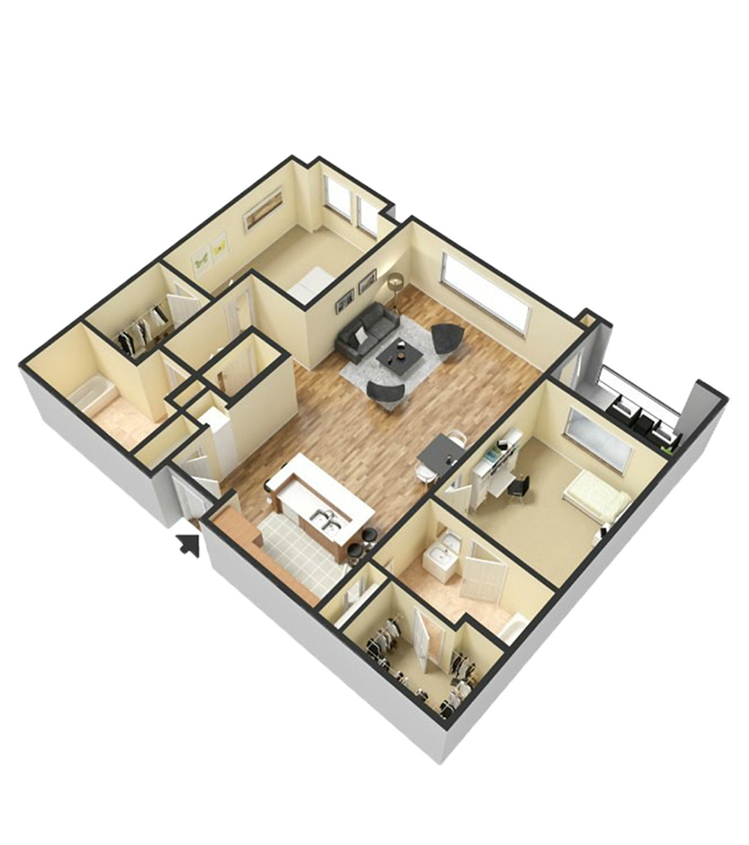 Modern 3D floor plan showcasing a spacious 3-bedroom apartment with an open living area, sleek kitchen, and cozy bedrooms.