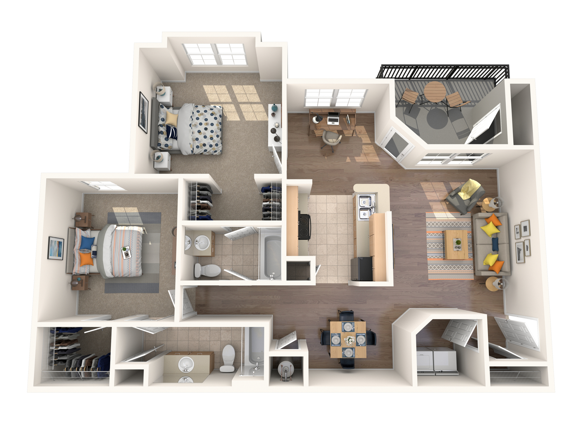Chic 3D floor plan showcasing 2 cozy bedrooms, open-concept living area, modern kitchen, and charming balcony.