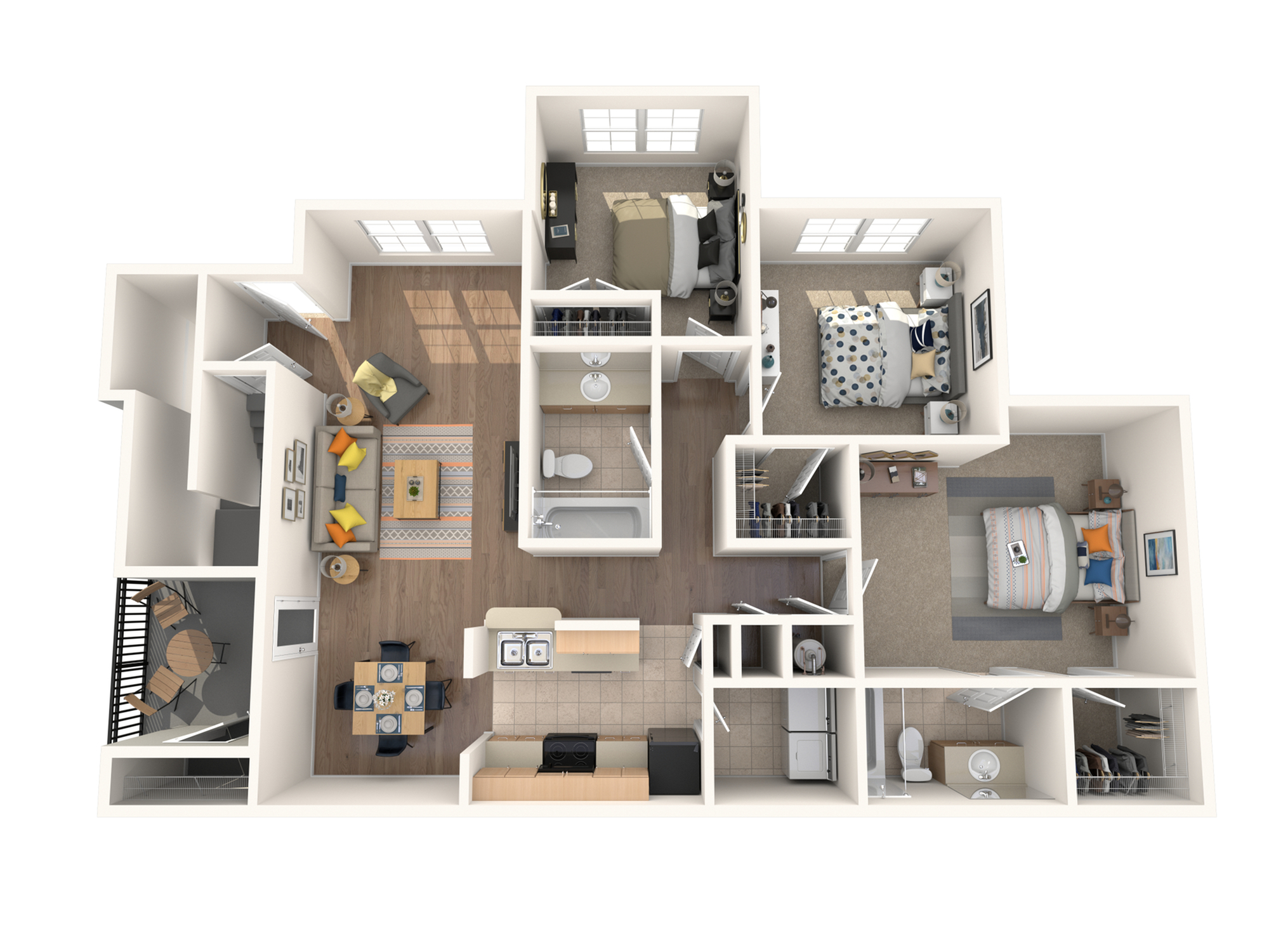 Modern 3-bedroom apartment floor plan with an inviting open-concept living room, well-appointed kitchen, and cozy balcony.