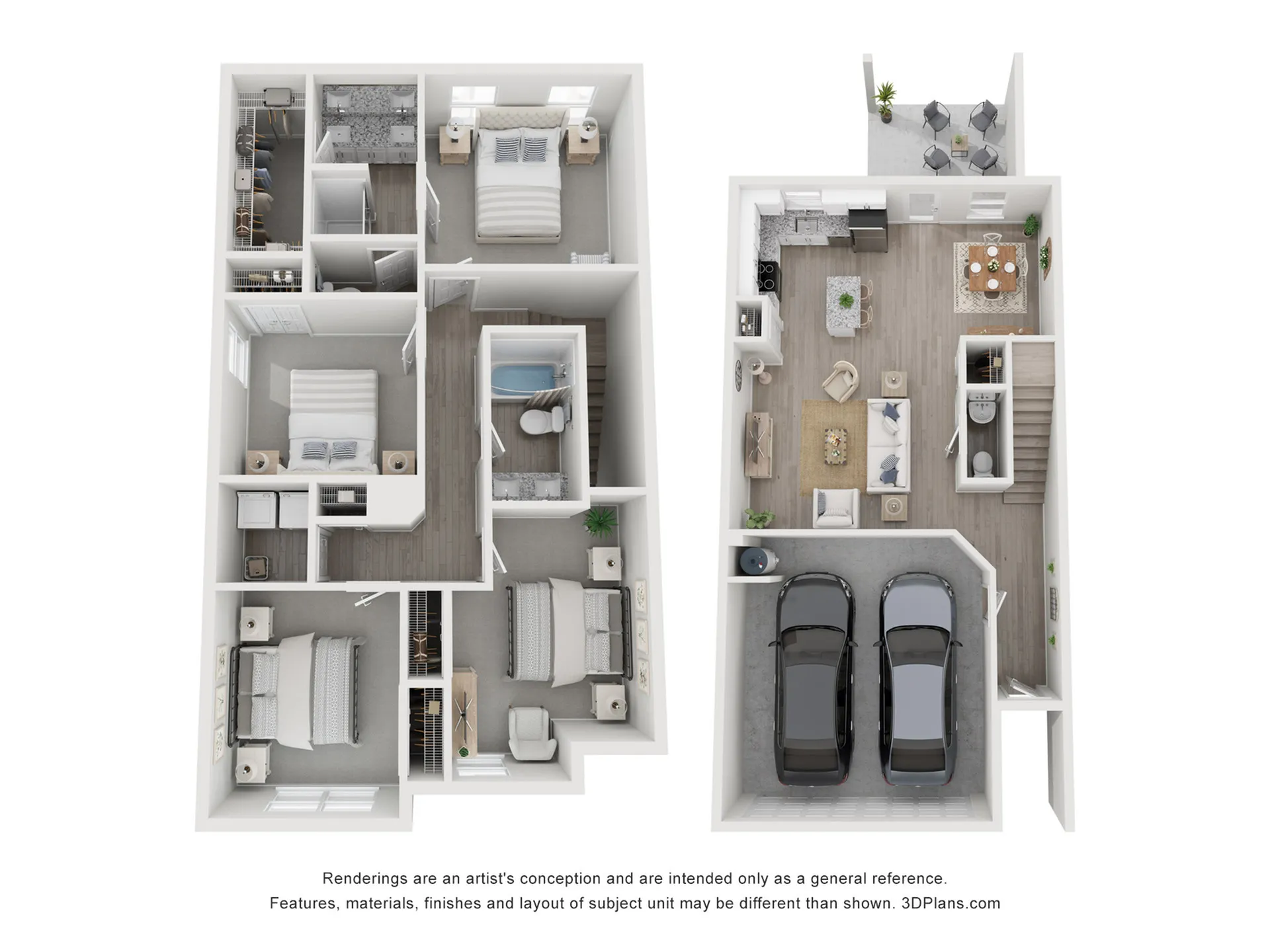 Modern 3D floor plan showcasing spacious 3-bedroom layout with open-concept kitchen and living area, including a cozy patio and convenient 2-car garage.