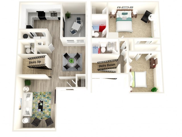Modern apartment 3D floor plan showcasing 2 bedrooms, spacious living area, and stylish kitchen with dining space, featuring convenient stair access.