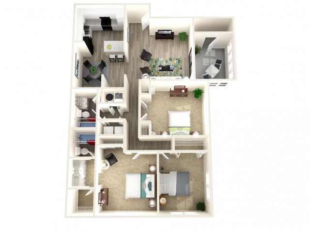 Modern 3D floor plan showcasing two cozy bedrooms, an inviting open living area, and a sleek kitchen.