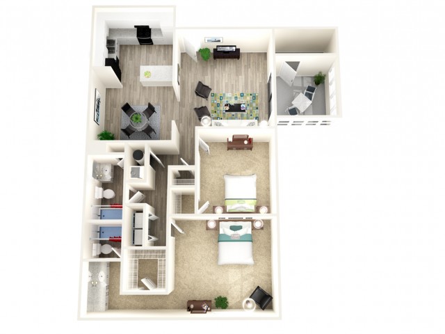Modern 3D floor plan showcasing two cozy bedrooms, elegant bathrooms, a spacious open-concept living and dining area, and a well-equipped kitchen.