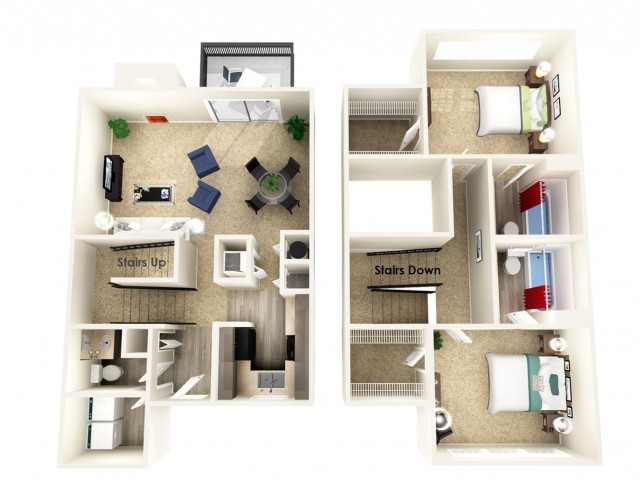 Modern 3D floor plan featuring a stylish open-concept living area, two cozy bedrooms, and dual-level design with stairs for enhanced space utilization.