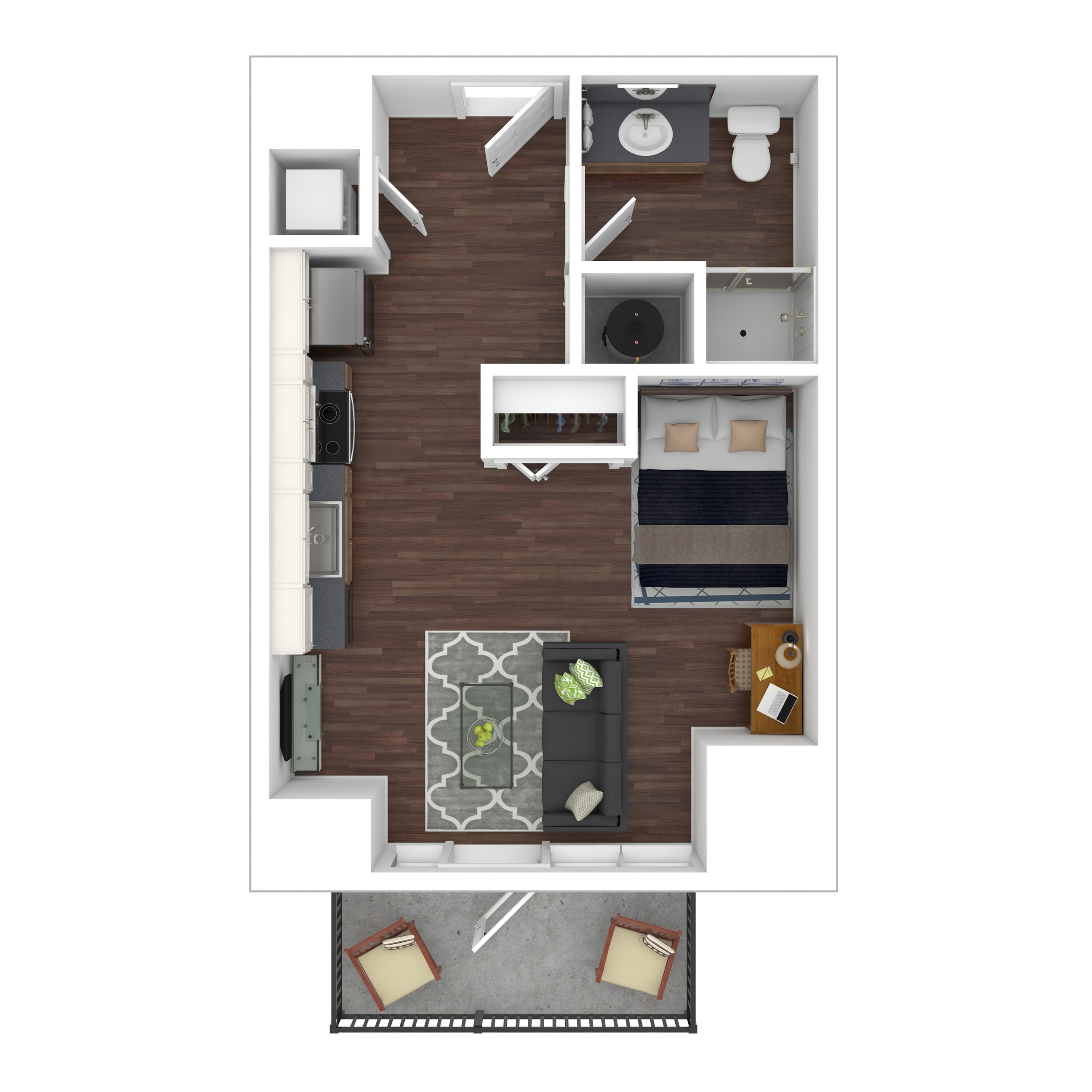 Contemporary floor plan featuring 1 bedroom, a cozy living area, modern kitchen, and private balcony.