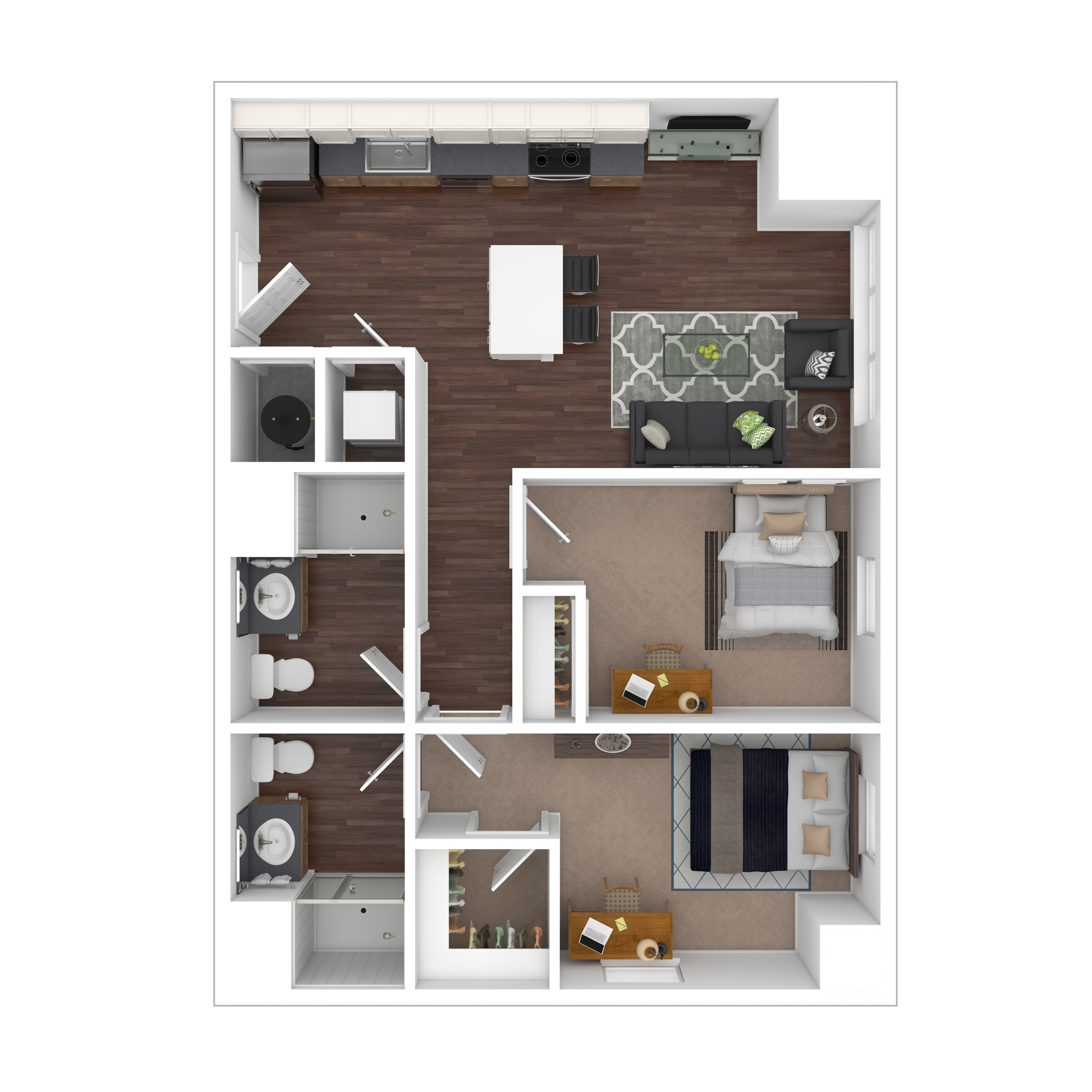 Contemporary 2D floor plan showcasing two bedrooms, a refined living space, and a modern kitchen. Includes two stylish bathrooms and an inviting open-concept living area with chic furnishings.