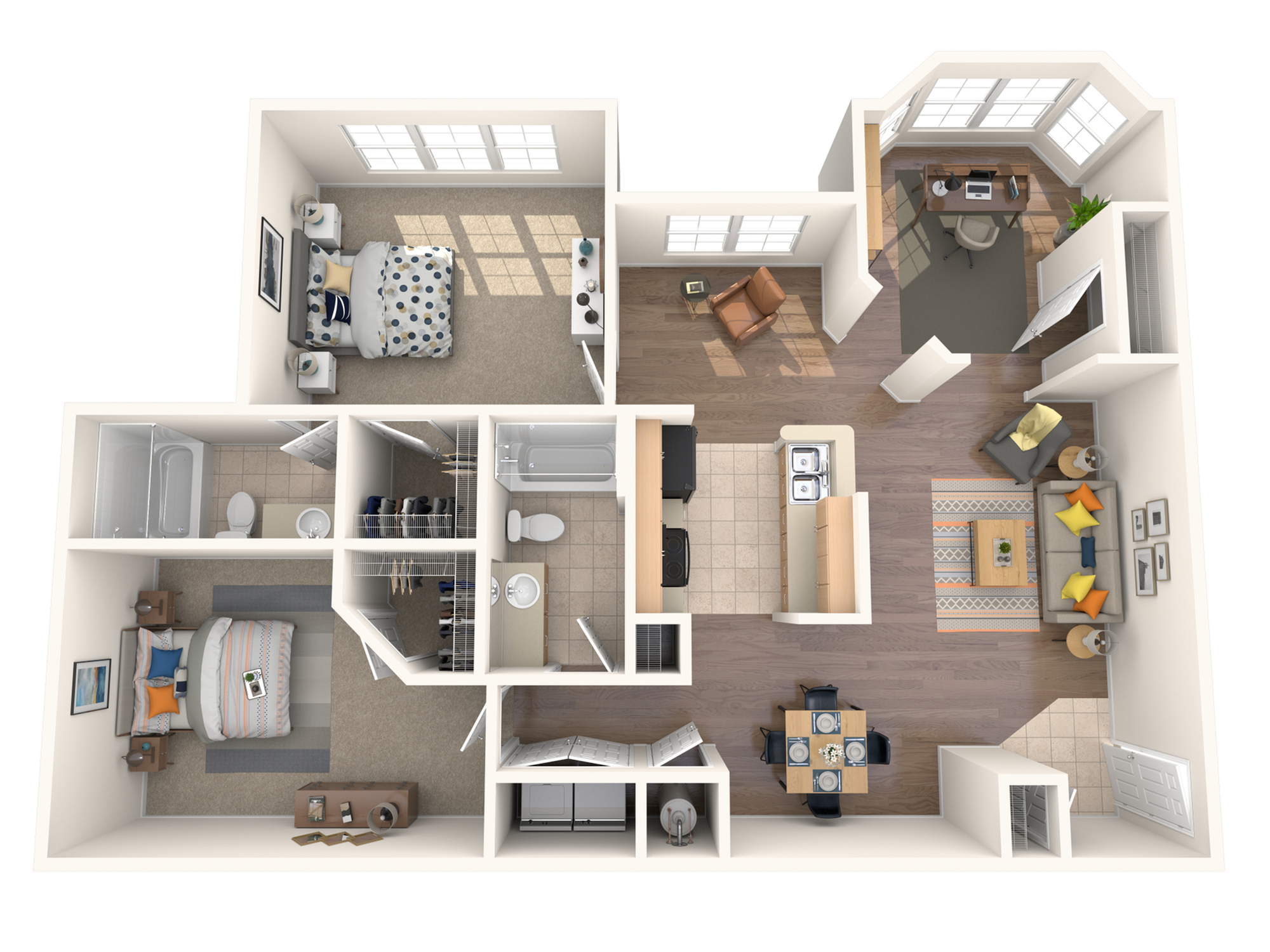 Contemporary 3D floor plan with 2 cozy bedrooms, elegant living room, modern kitchen, and a sleek home office nook.