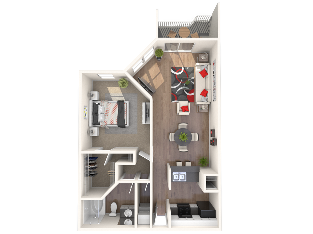 Chic apartment floor plan featuring 1 bedroom, modern kitchen with open dining area, cozy living room, stylish bathroom, and a private balcony.