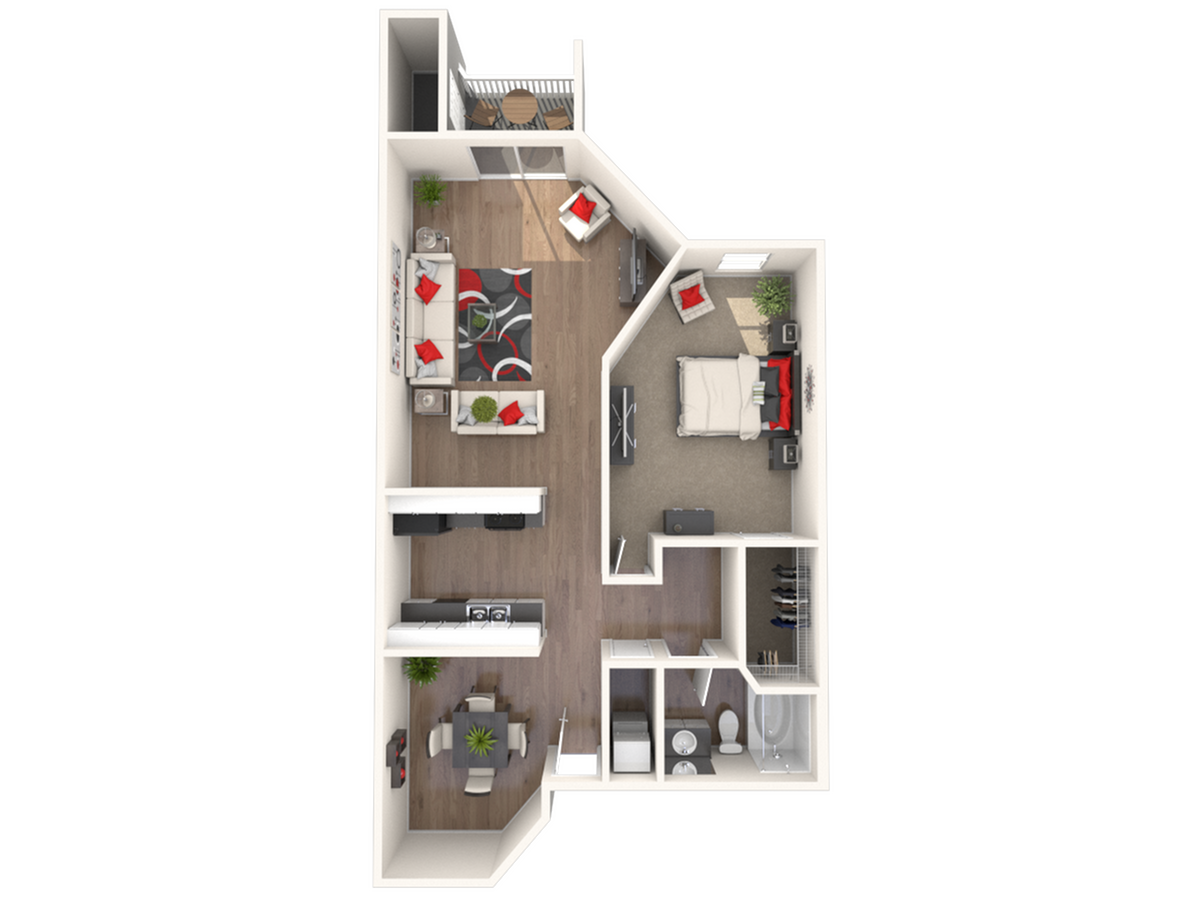 Modern 3D floor plan with one spacious bedroom, open-plan living room and kitchen, and a cozy balcony seating area.