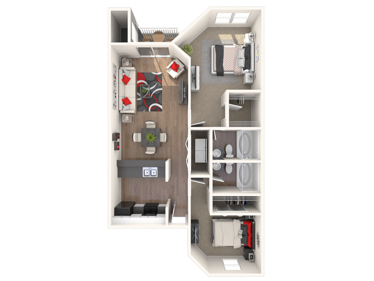 Contemporary 2-bedroom floor plan featuring an open-concept living area, modern kitchen, and two sleek bathrooms.