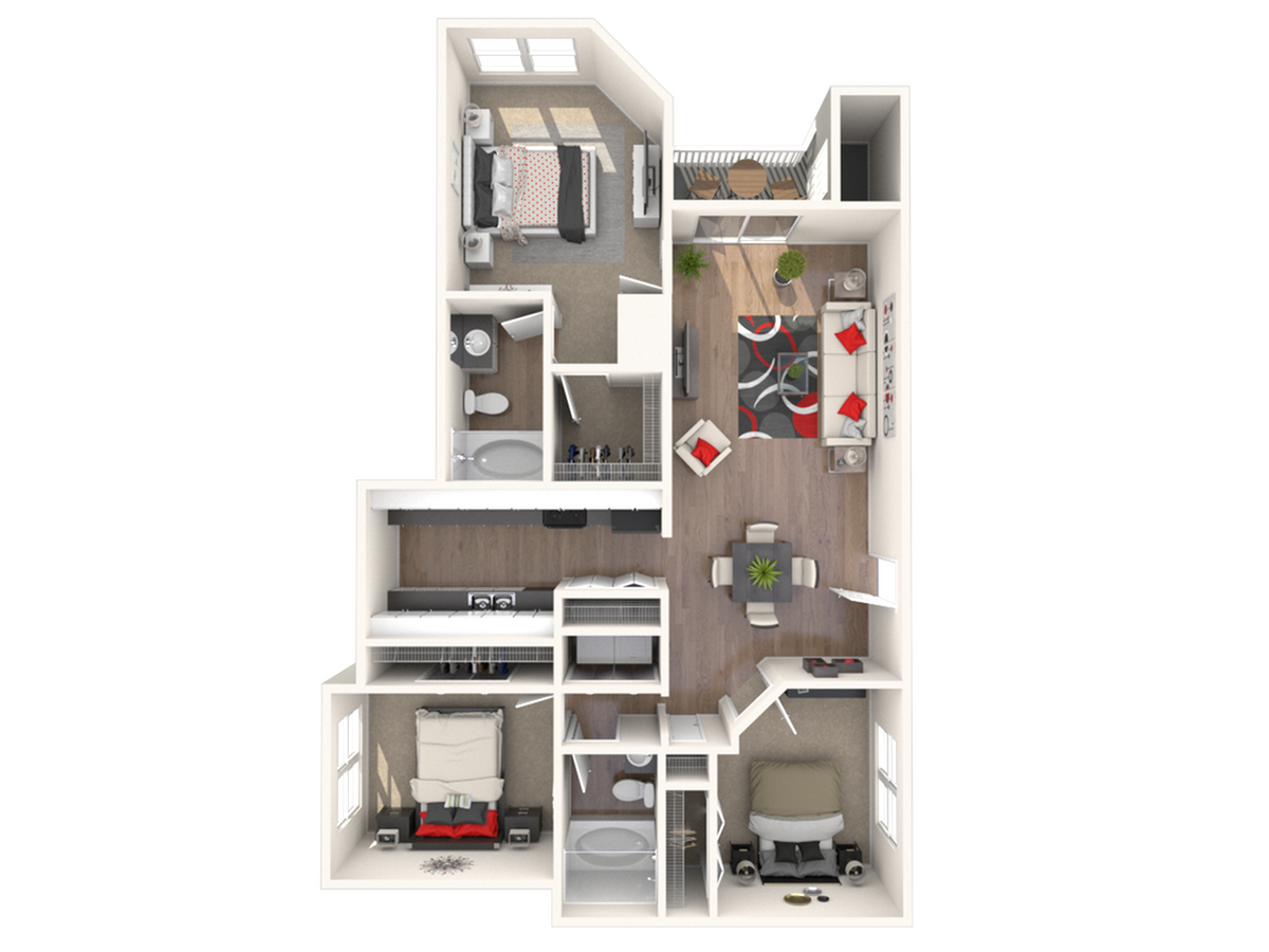 Modern 3D floor plan featuring two bedrooms, two stylish bathrooms, a cozy living area, elegant dining space, and functional kitchen with balcony access.