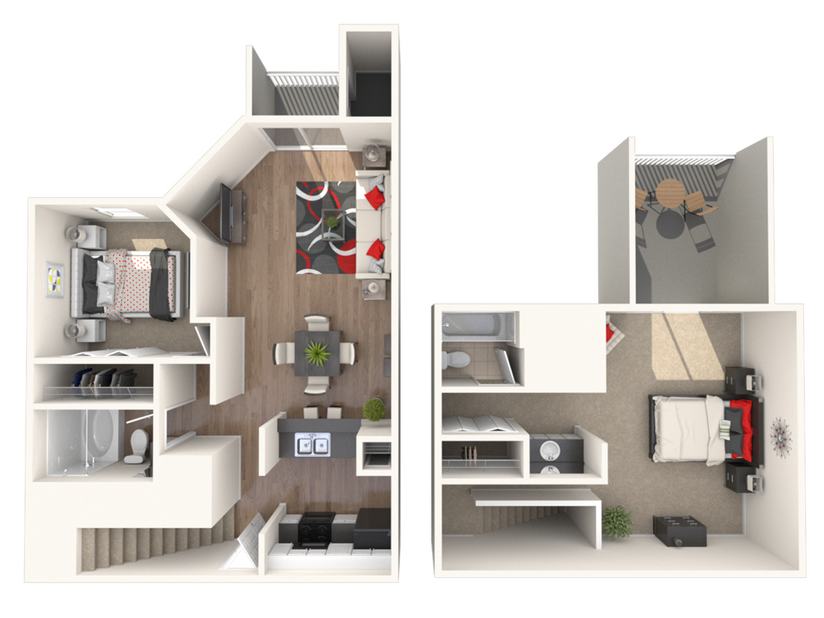 Modern 3D floor plan showcasing a two-story apartment with 2 bedrooms, stylish open-concept living area, kitchen, and cozy balcony.