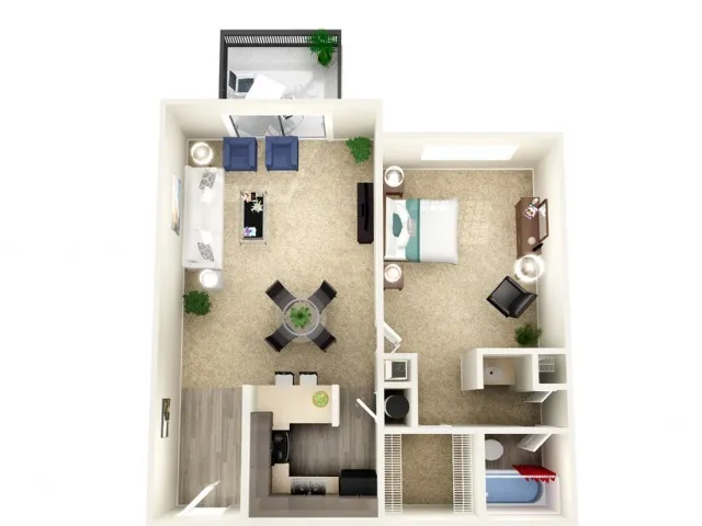 Modern 3D floor plan showcasing 1-bedroom apartment with open living area, stylish kitchen, and private balcony.