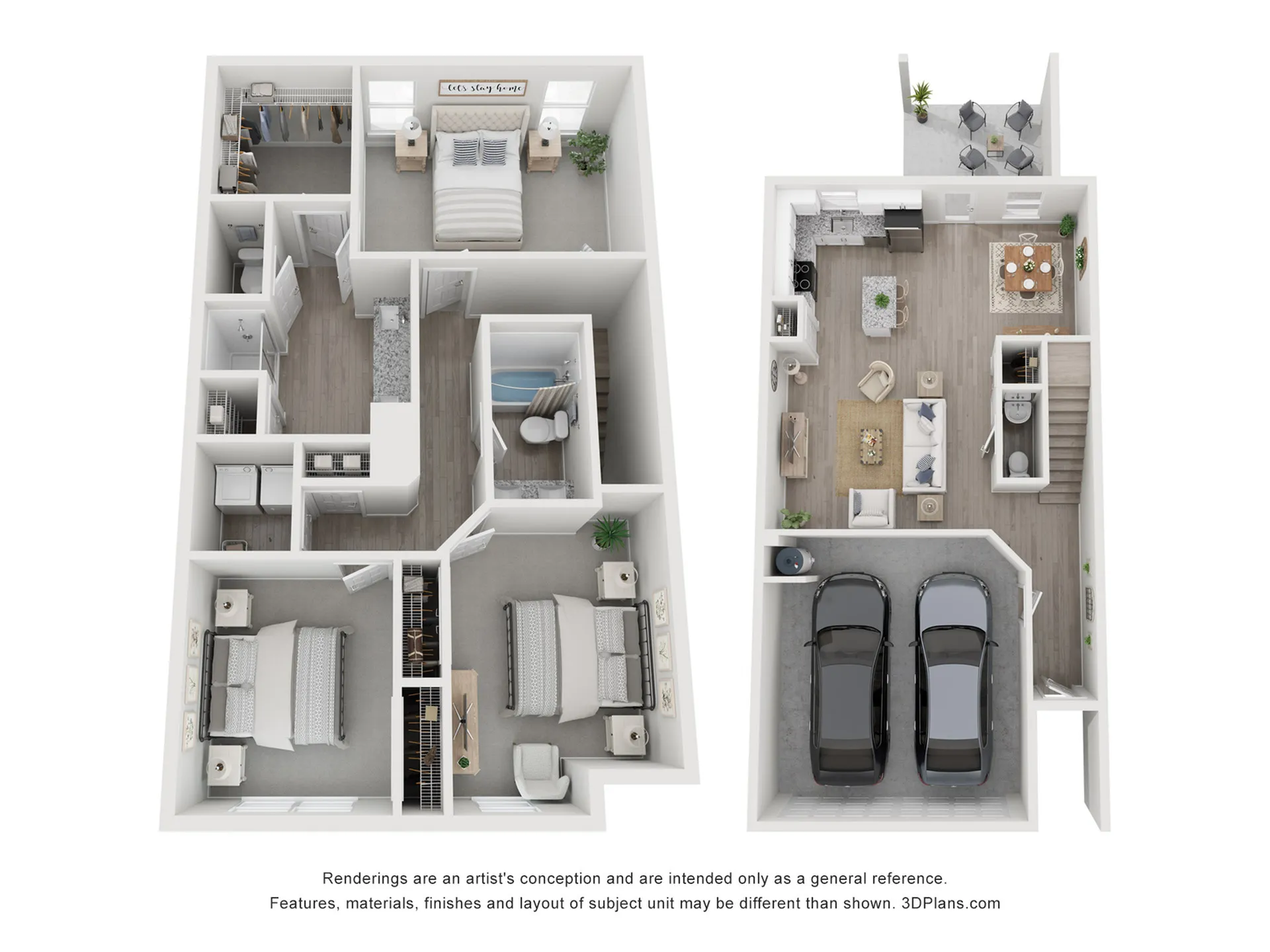 Modern 3D floor plan featuring 3 spacious bedrooms, an open-concept living and dining area, stylish kitchen, and dual garage. Perfect for family living with sleek design and ample natural light.