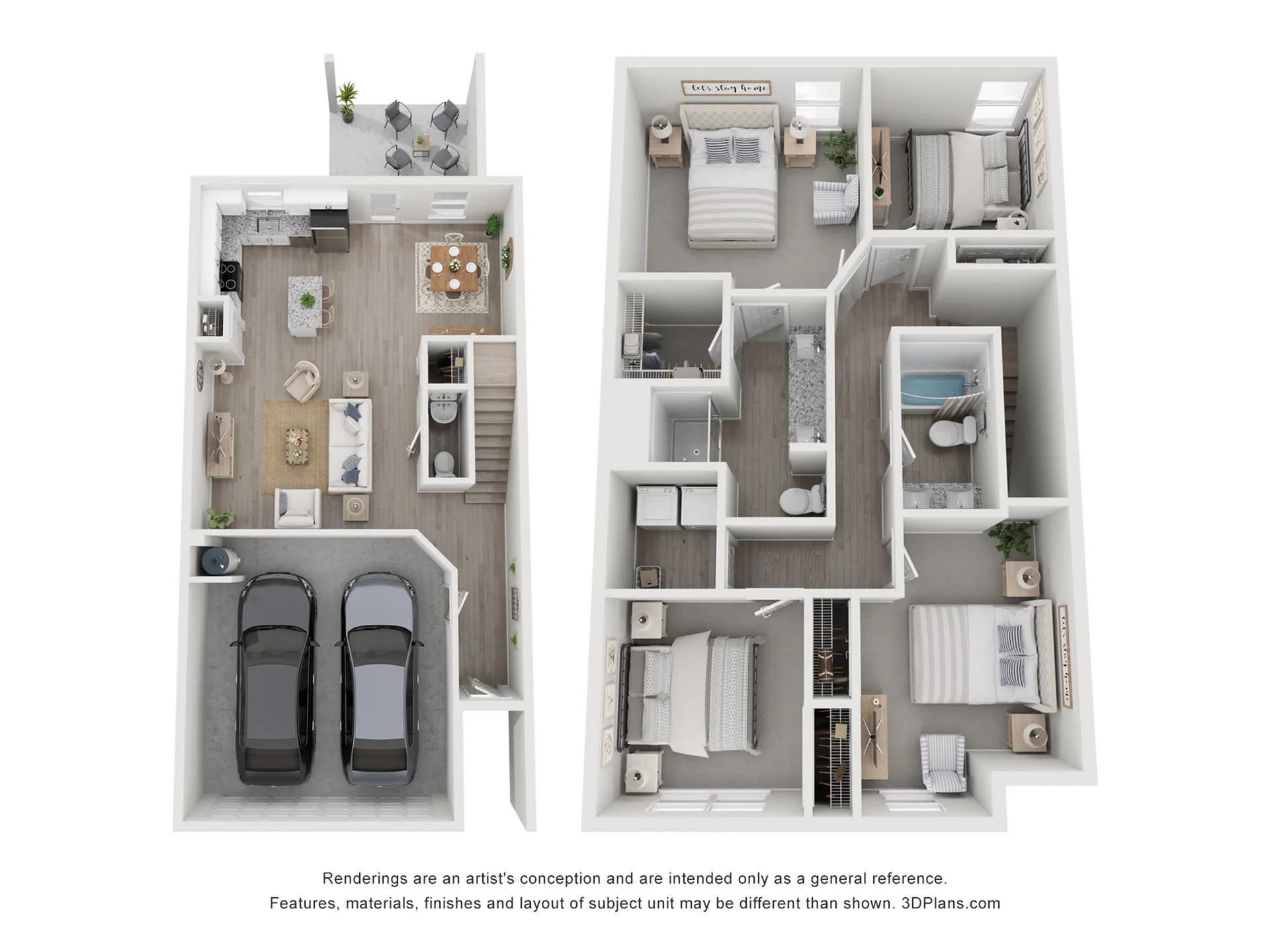 Spacious 3D floor plan showcasing 3 bedrooms, an open-concept living area, a modern kitchen, and a dual car garage with a cozy balcony space.
