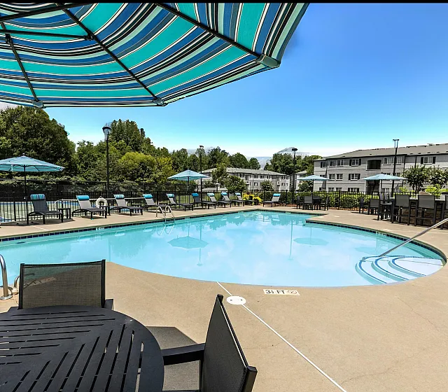 Inviting apartment complex pool area with stylish lounge chairs, umbrellas, and lush greenery, perfect for relaxation.