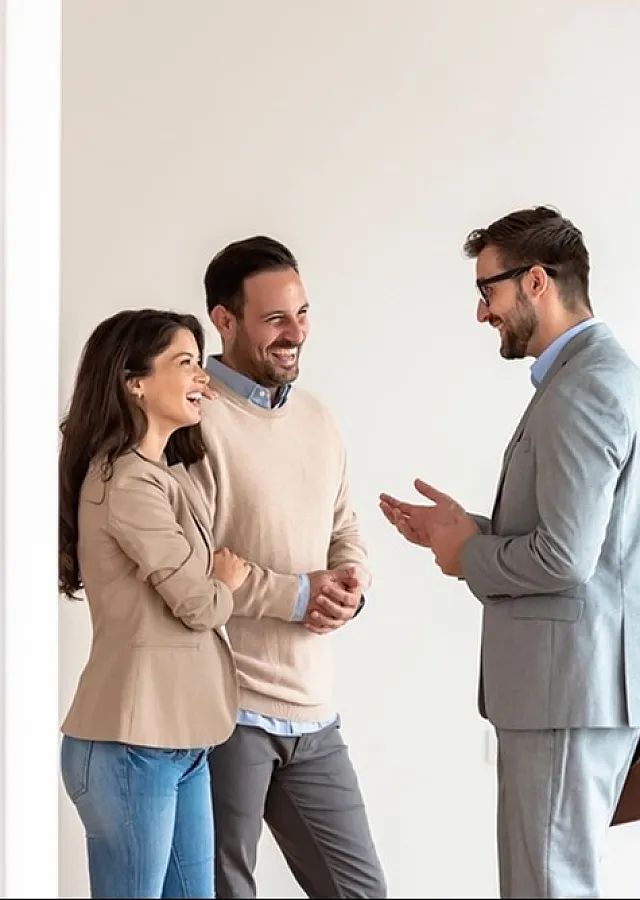 Happy couple engaging with a professional real estate agent, viewing a bright and modern apartment interior.