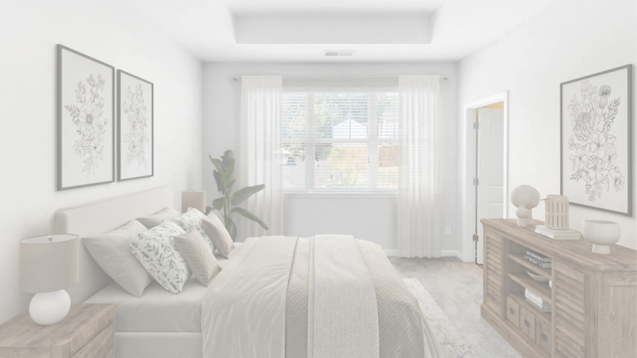 Bright and inviting bedroom featuring elegant floral artwork, plush bedding, and a large window with sheer curtains.