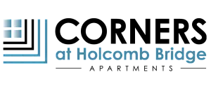 Modern logo design for 'at Holcomb Bridge' featuring sleek blue lines and a window motif, emphasizing stylish living and elegance.
