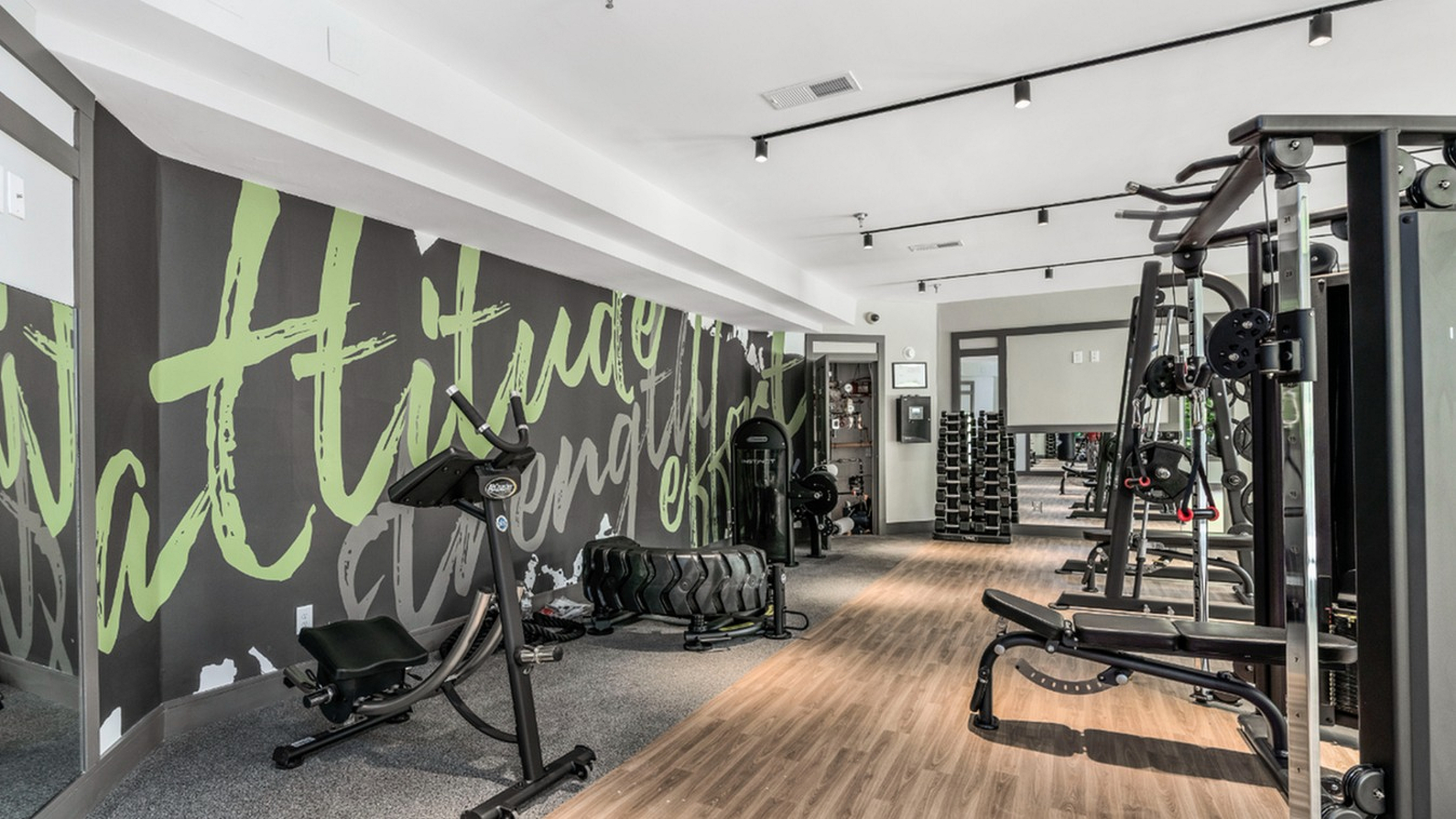 Modern gym facility with a motivational mural, featuring state-of-the-art fitness equipment and spacious workout areas.