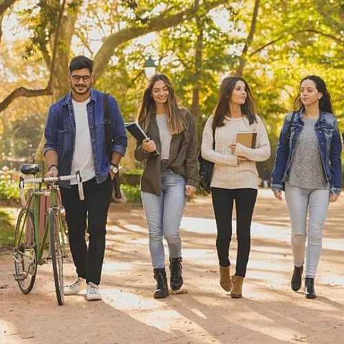 Vibrant group of young adults enjoying a walk in a sunlit park, embracing friendship and nature.