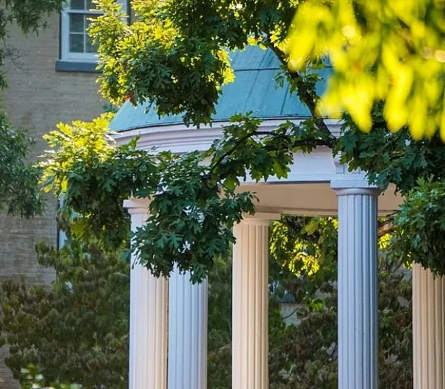Charming outdoor gazebo surrounded by lush greenery and elegant white columns.