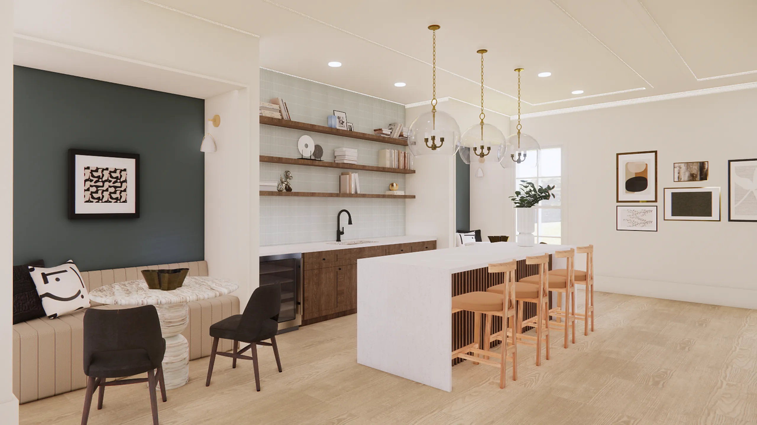 Modern kitchen interior showcasing a sleek breakfast bar with stools, elegant pendant lighting, and decorative wall art.