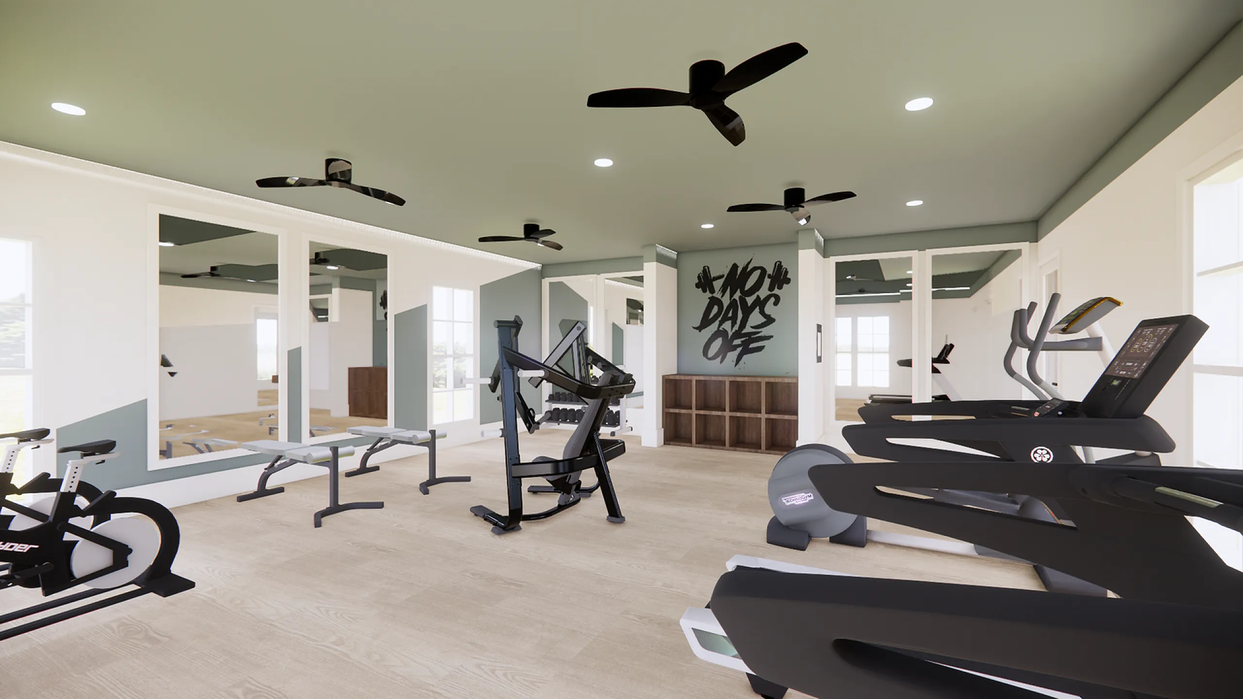 Modern gym with state-of-the-art equipment, sleek treadmills, and exercise bikes, offering a motivating 'No Days Off' atmosphere.