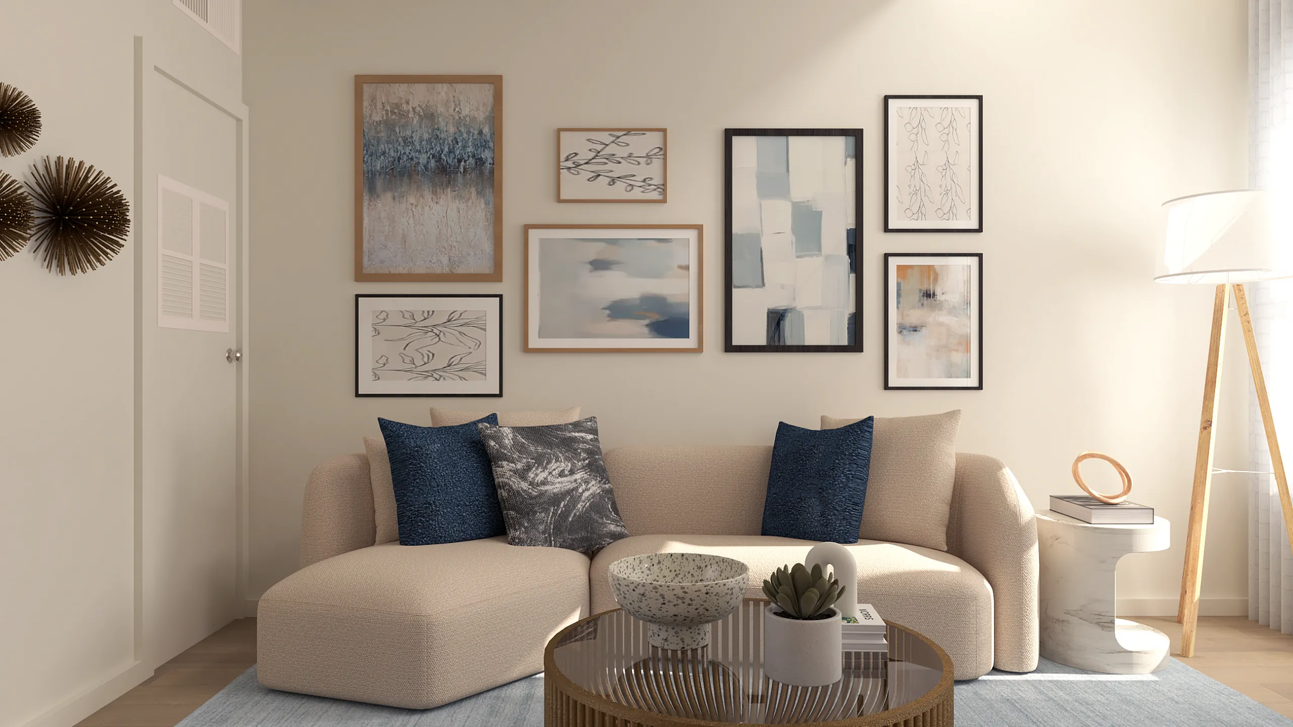 Elegant living room with chic modern decor, featuring a cozy beige sofa, stylish wall art, and a wooden coffee table, illuminated by soft natural light.