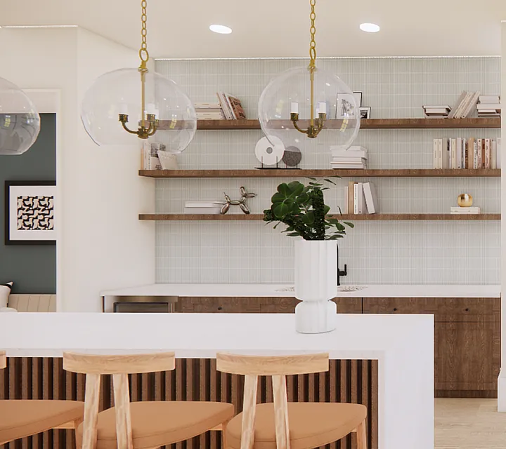 Chic modern kitchen with stylish bar seating, elegant pendant lighting, and cozy breakfast nook, featuring contemporary design accents.