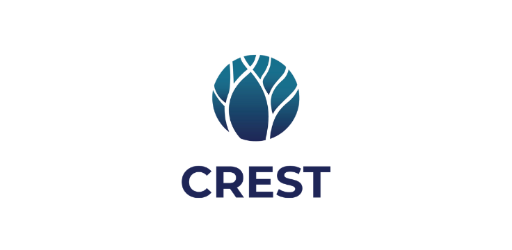 Crest logo featuring a modern blue circle with white abstract tree design, symbolizing growth and connection.