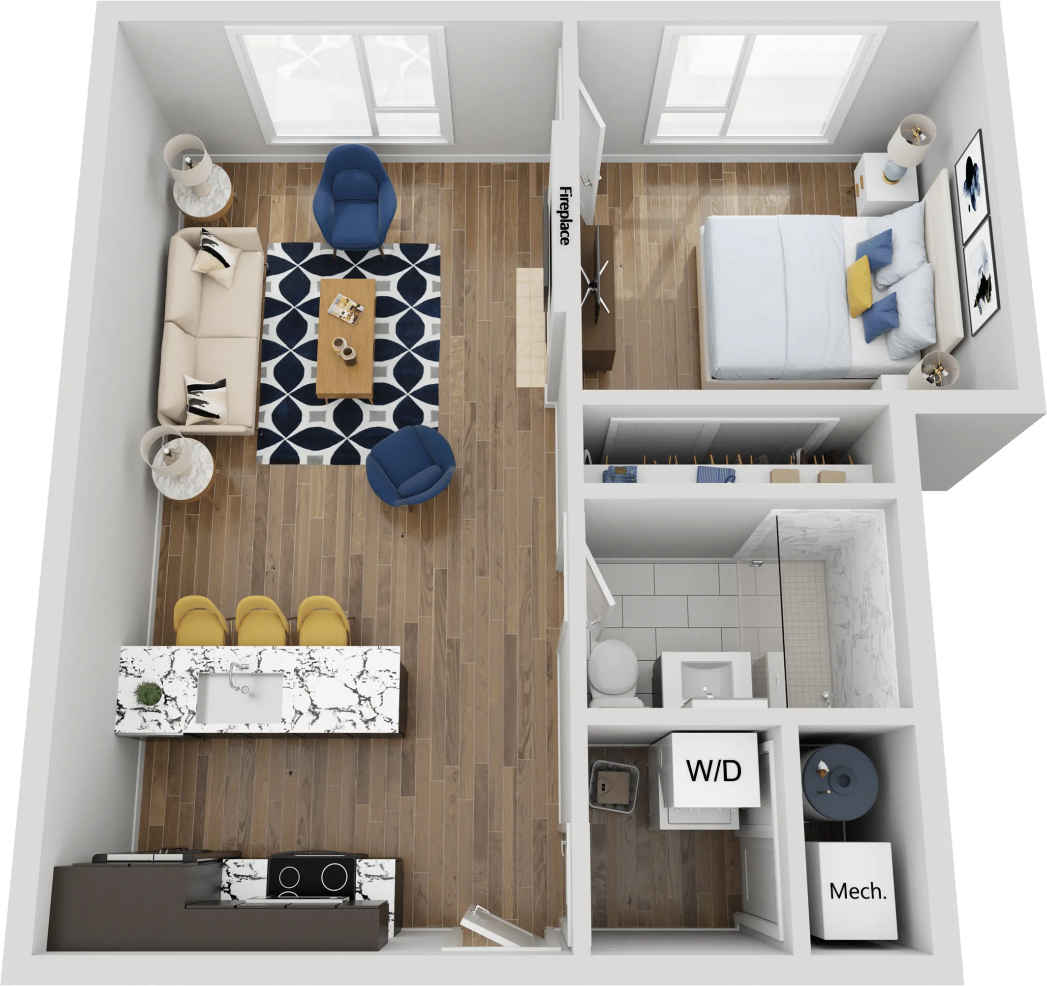 Elegant floor plan featuring a one-bedroom apartment with an open living area and modern kitchen.