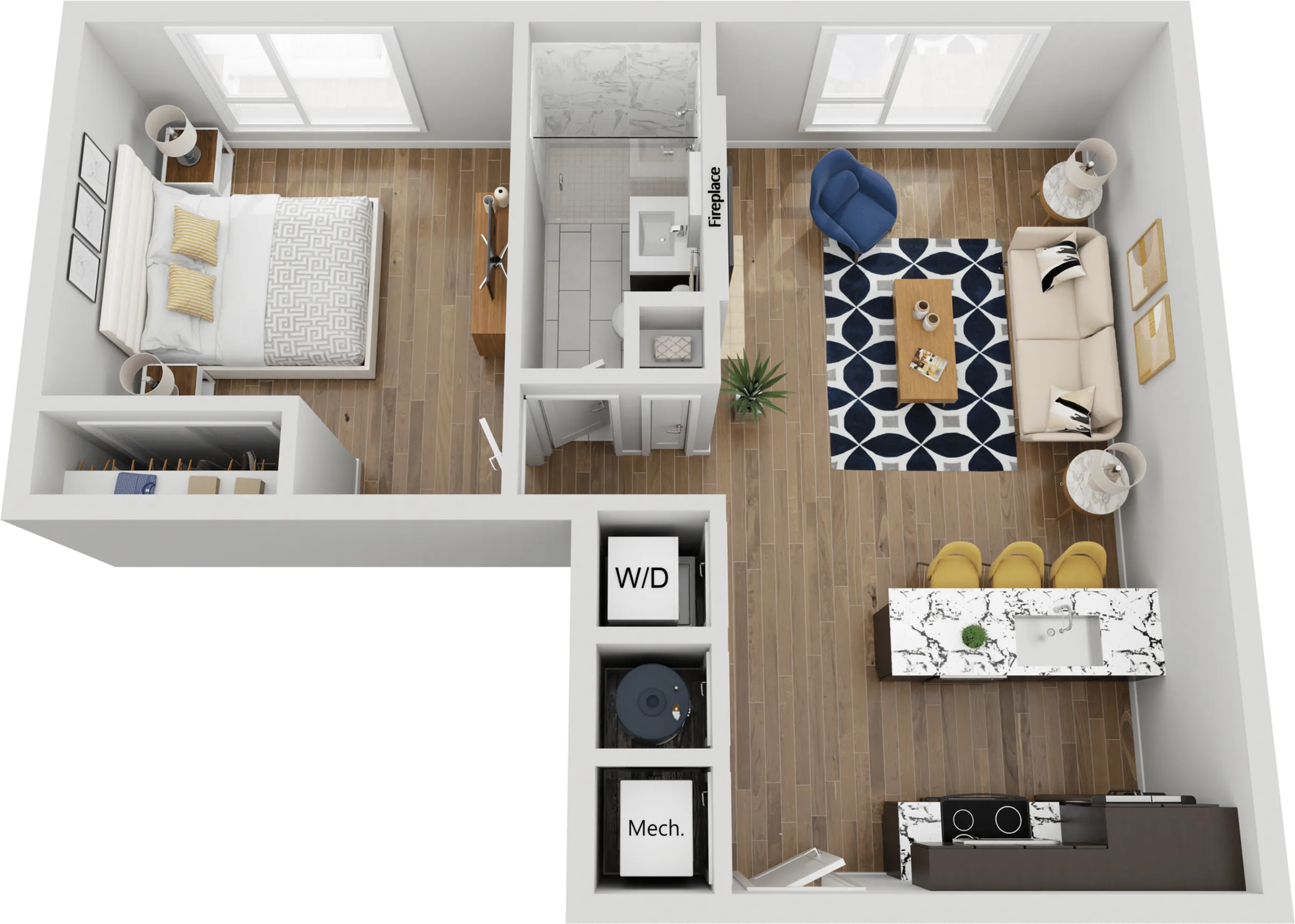 2D floor plan showcasing one-bedroom apartment with an open-concept living area, stylish kitchen, and modern amenities.