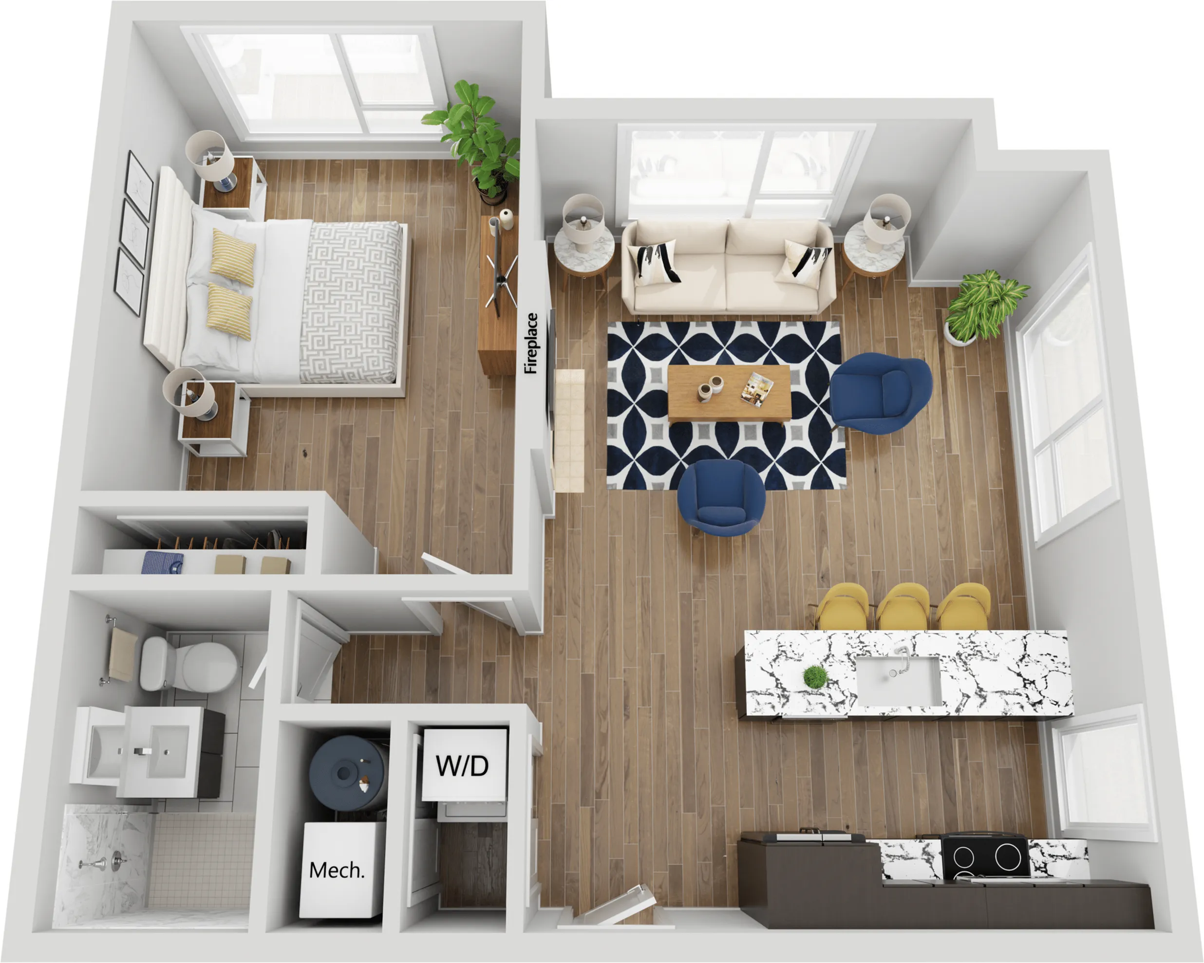 Contemporary 3D floor plan with one bedroom, open living and dining area, and modern kitchen design.