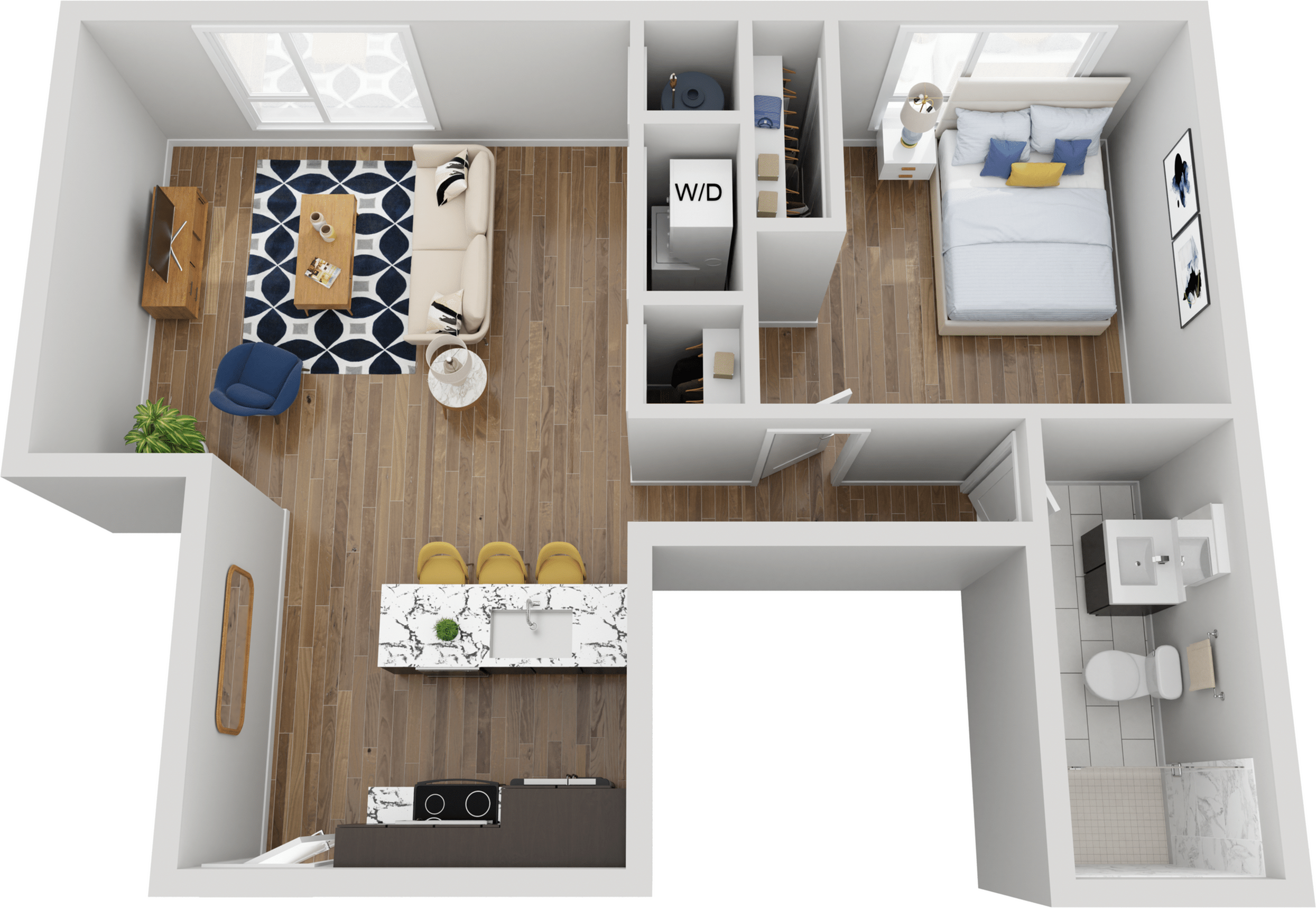 3D floor plan featuring a stylish living area, modern kitchen with breakfast bar, cozy bedroom, and bathroom.
