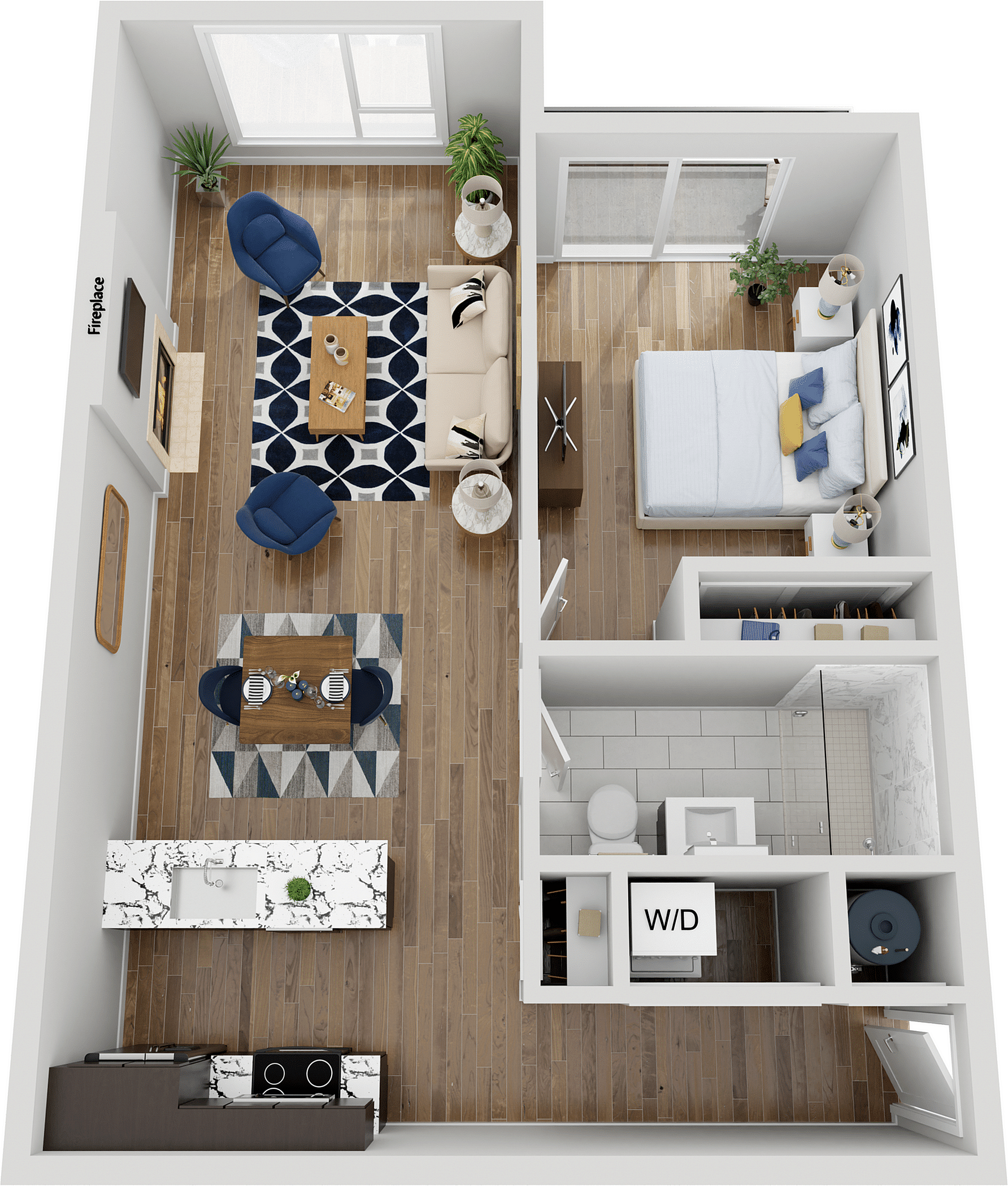 Contemporary 1-bedroom apartment floor plan with open living area, modern kitchen, and convenient bathroom.