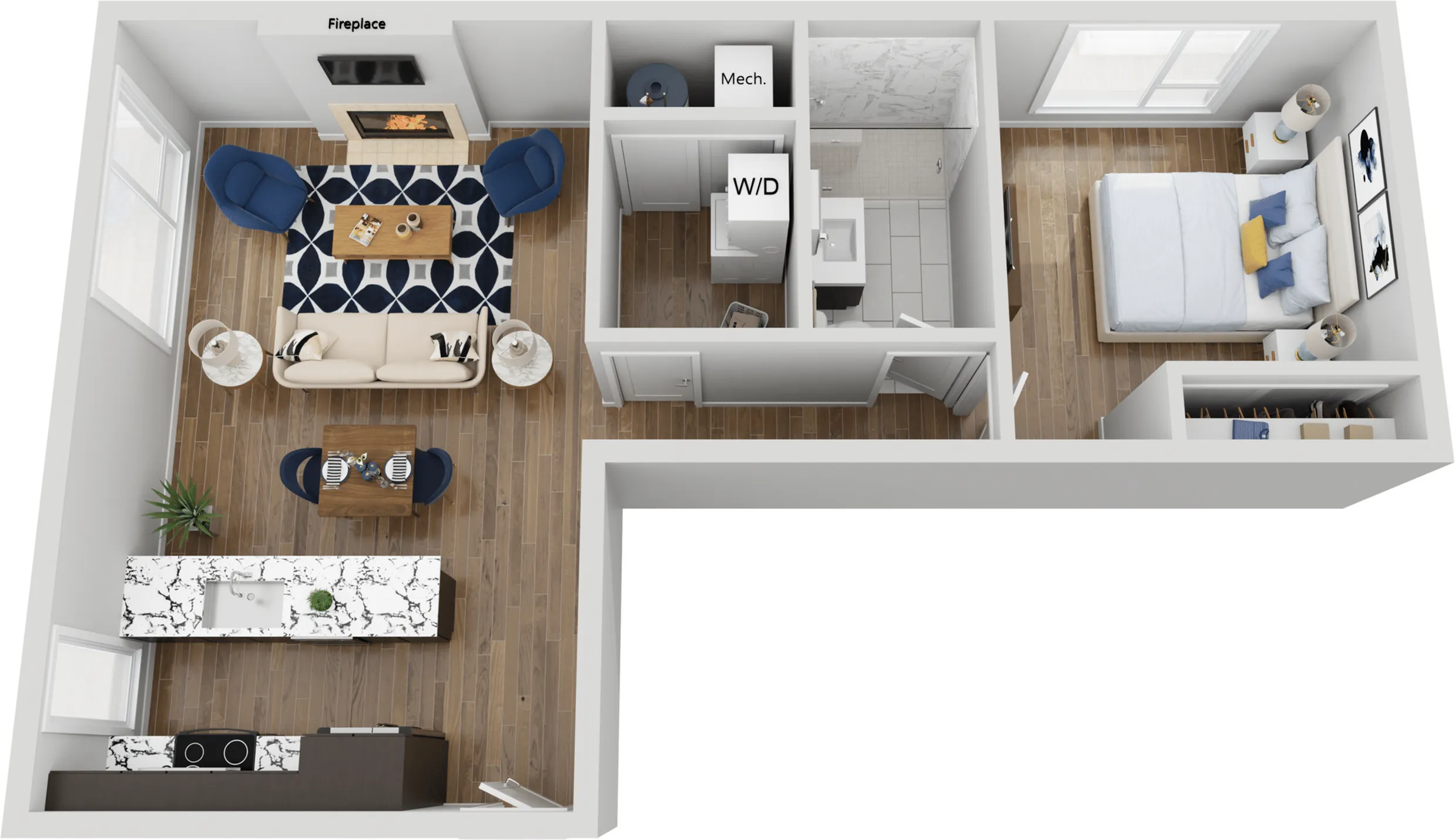 3D floor plan of a modern apartment featuring a spacious living room with a fireplace, bedroom, kitchen, and bathroom.