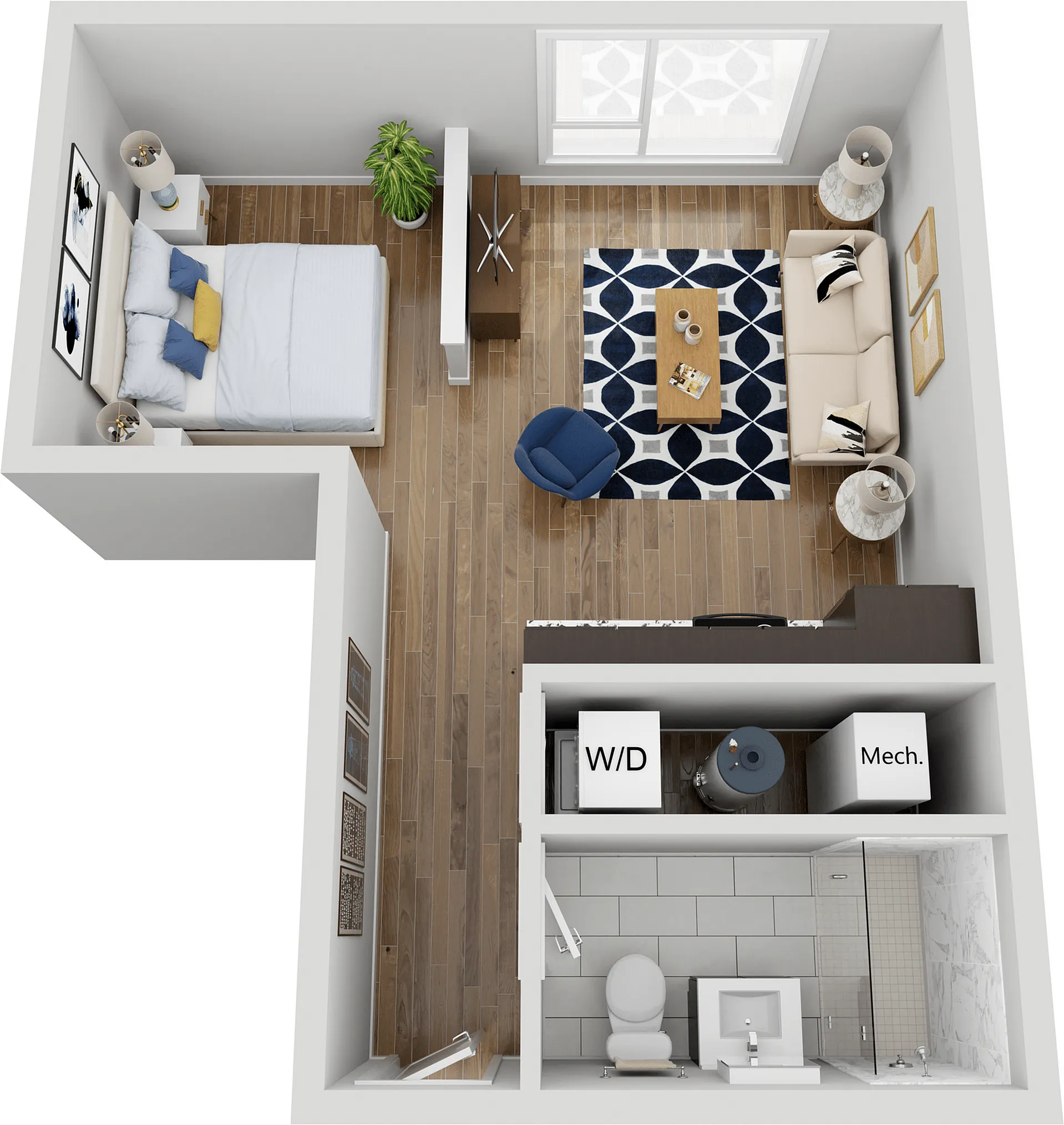 Bird\'s-eye view of a modern studio apartment, showcasing a combined living and sleeping area with a compact kitchenette and stylish bathroom.